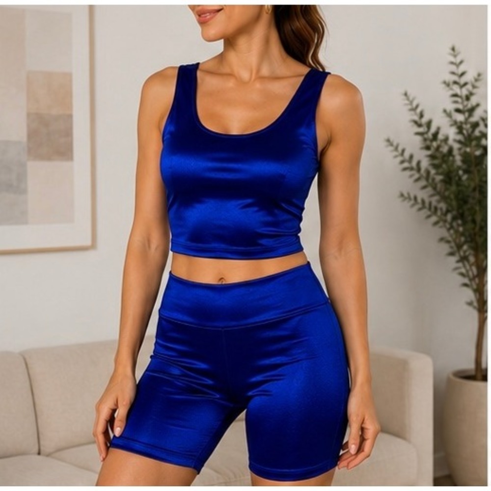 Royal Blue Activewear Set Crop Tank and Biker Shorts 2 Piece Metallic Blue